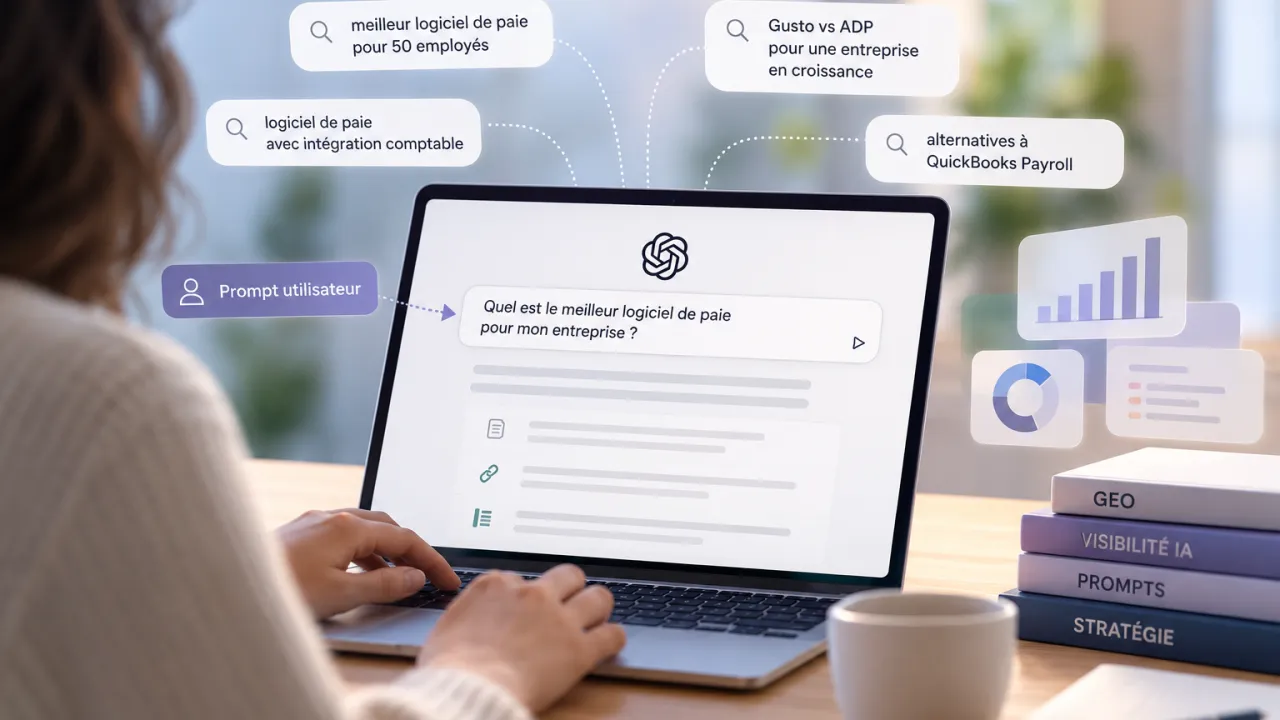 Une personne tape sur un ordinateur portable le prompt « Quel est le meilleur logiciel de paie pour mon entreprise ? », que l'IA décline en plusieurs recherches plus précises.